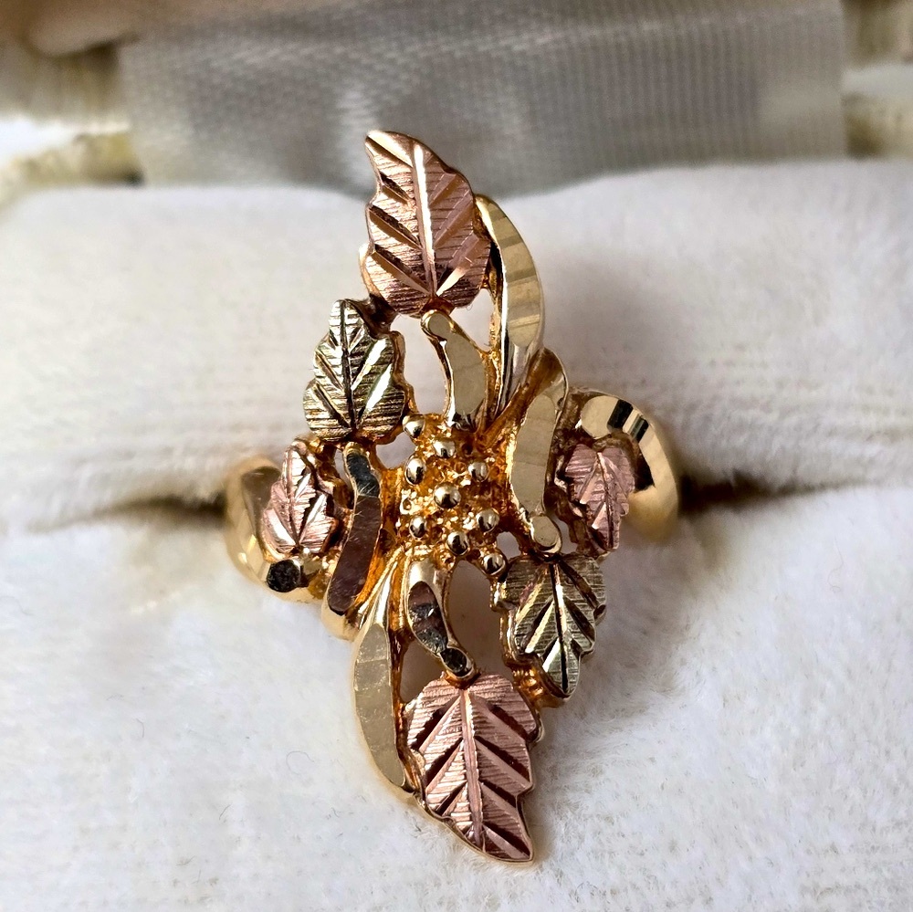 Rare Black Hills 10K Rose Gold Green Leaf Gold Ring In Original Vintage Box - Picture 2 of 10